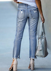 Light Blue High Waist Denim Ripped Pants Trousers