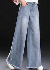 Light Blue High Waist Pockets Tassel Cotton Denim Wide Leg Pants