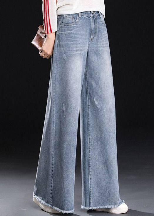 Light Blue High Waist Pockets Tassel Cotton Denim Wide Leg Pants