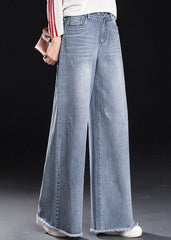 Hellblaue High Waist Jeanshose aus Baumwolldenim mit weitem Bein und Taschen