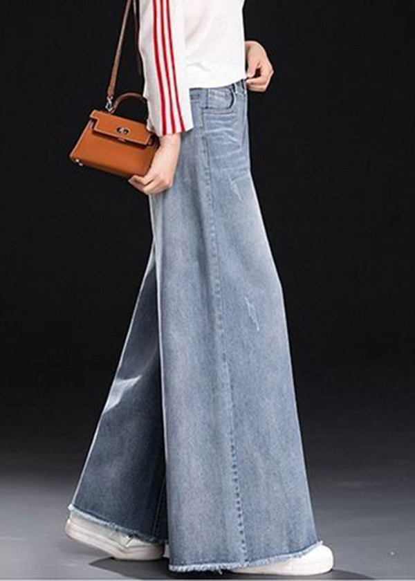 Light Blue High Waist Pockets Tassel Cotton Denim Wide Leg Pants