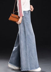 Light Blue High Waist Pockets Tassel Cotton Denim Wide Leg Pants