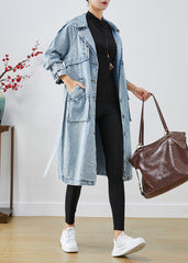 Light Blue Lapel Patchwork Denim Trench Coats Fall