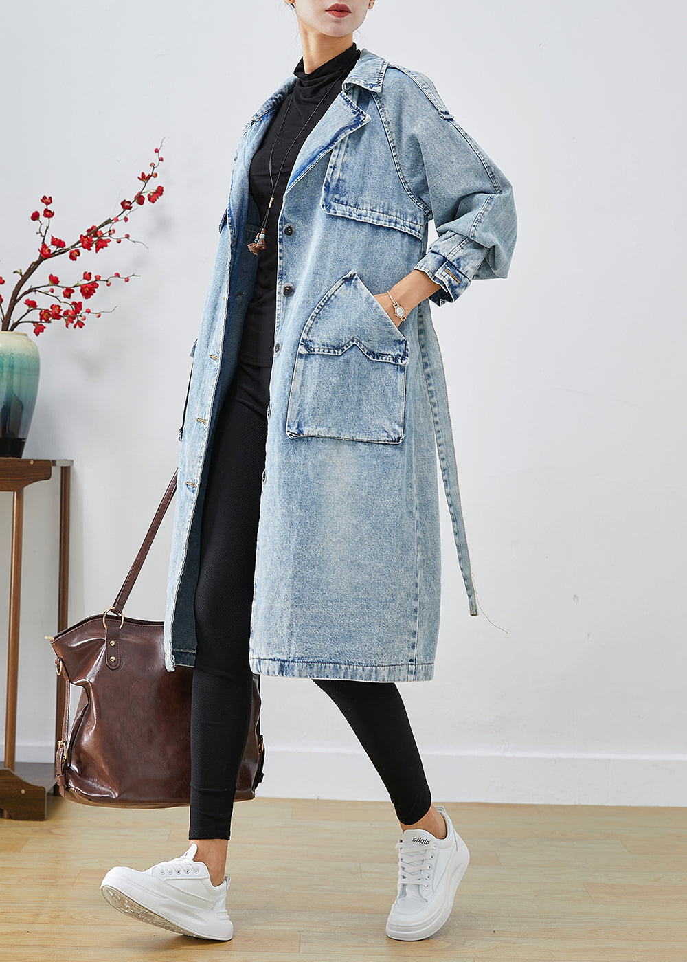 Light Blue Lapel Patchwork Denim Trench Coats Fall