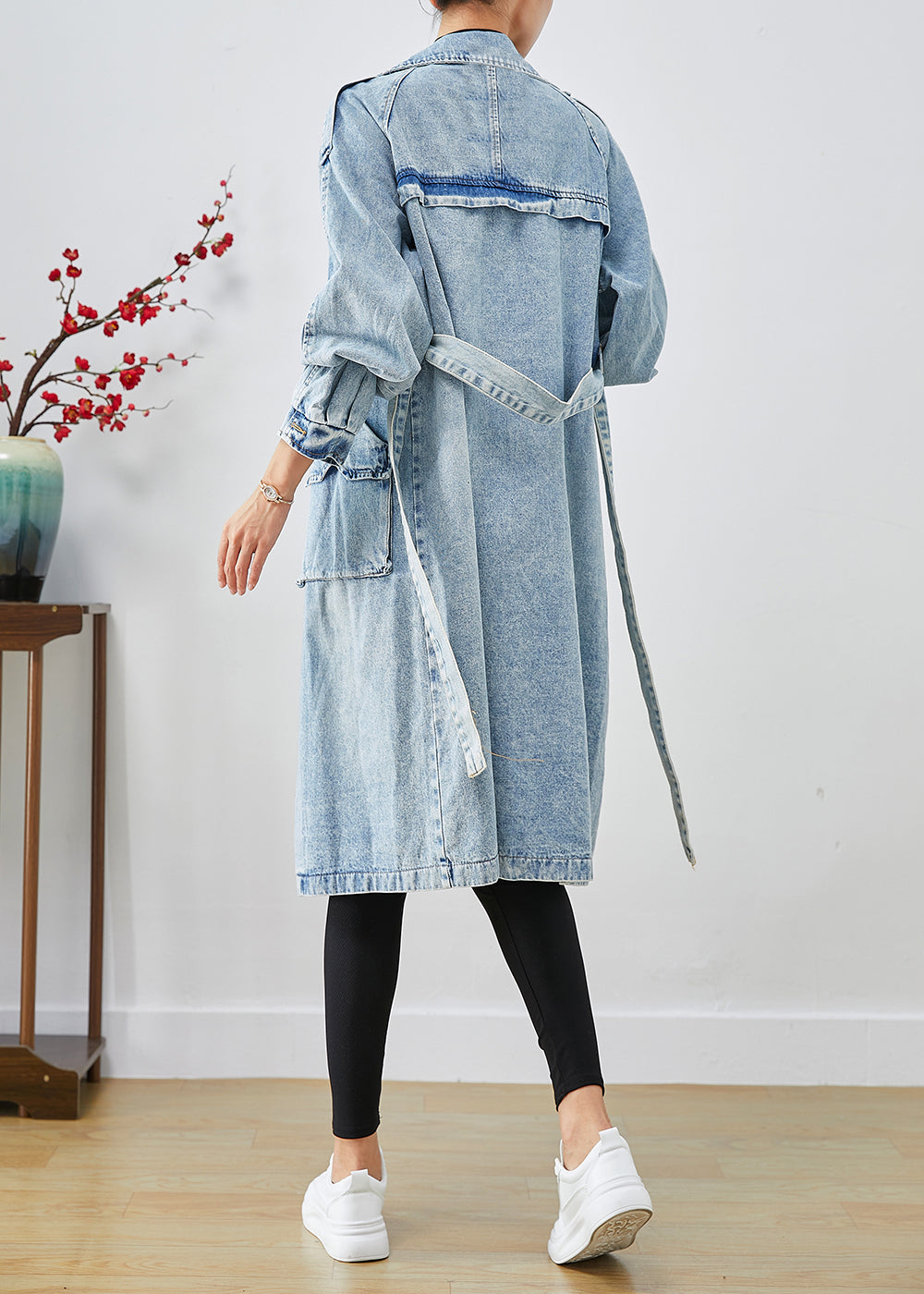 Light Blue Lapel Patchwork Denim Trench Coats Fall