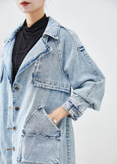 Light Blue Lapel Patchwork Denim Trench Coats Fall