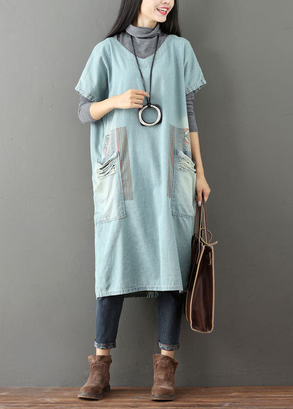 Light Blue V Neck Pockets Patchwork Denim Dresses Short Sleeve