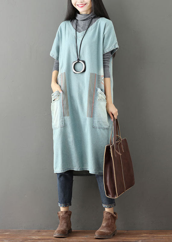 Light Blue V Neck Pockets Patchwork Denim Dresses Short Sleeve