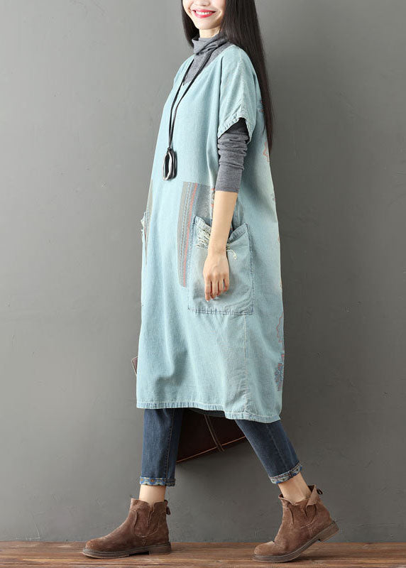 Light Blue V Neck Pockets Patchwork Denim Dresses Short Sleeve