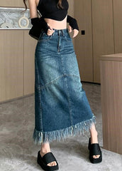 Navy High Waist Patchwork Tassel Denim Maxi Skirts