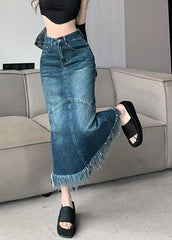 Navy High Waist Patchwork Tassel Denim Maxi Skirts