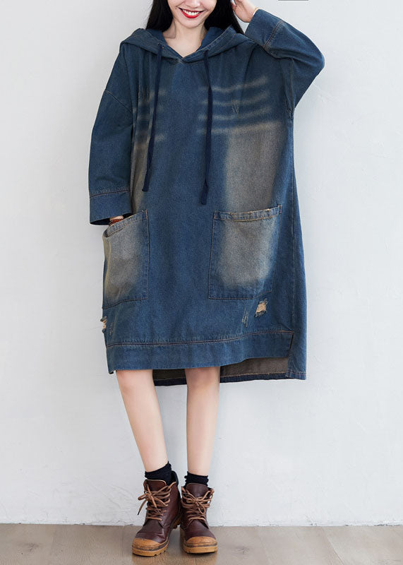 Navy Hooded Pockets Patchwork Denim Dresses