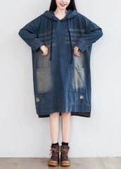 Navy Hooded Pockets Patchwork Denim Dresses