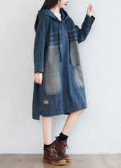 Navy Hooded Pockets Patchwork Denim Dresses