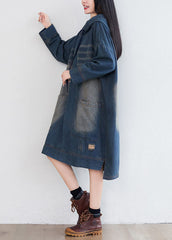 Navy Hooded Pockets Patchwork Denim Dresses