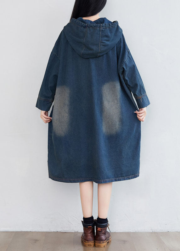 Navy Hooded Pockets Patchwork Denim Dresses