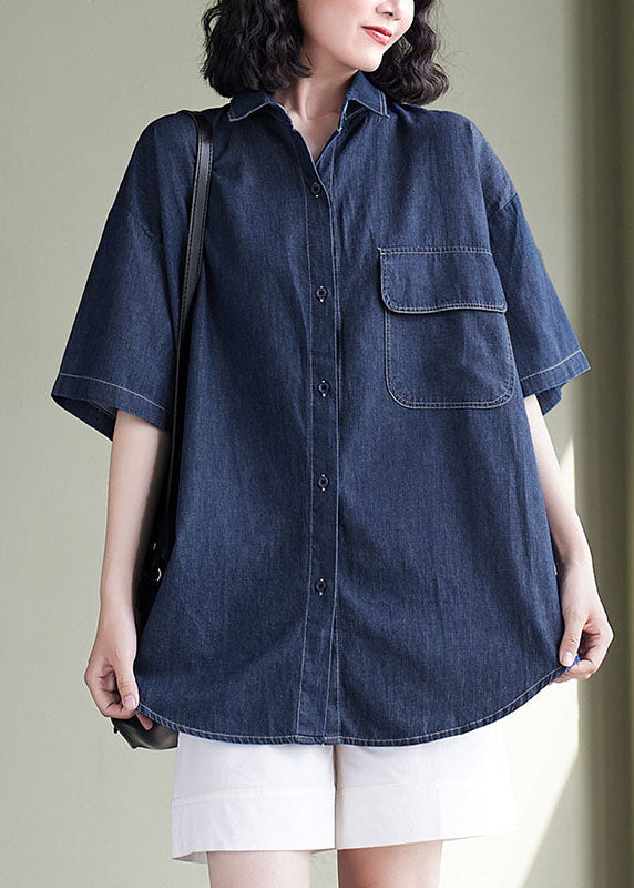 Navy Peter Pan Collar Patchwork Denim Shirt Top