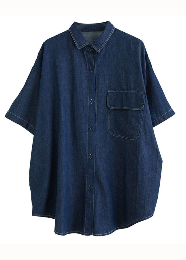 Navy Peter Pan Collar Patchwork Denim Shirt Top