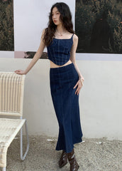 Navy Slim Fit Patchwork Denim Tops And Skirts Two Pieces Set