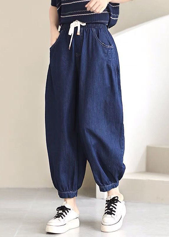 Navy Solid Elastic Waist drawstring Pockets Cotton Denim Beam Pants