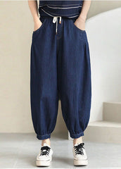 Navy Solid Elastic Waist drawstring Pockets Cotton Denim Beam Pants