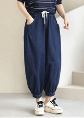 Navy Solid Elastic Waist drawstring Pockets Cotton Denim Beam Pants