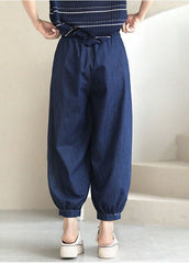 Navy Solid Elastic Waist drawstring Pockets Cotton Denim Beam Pants