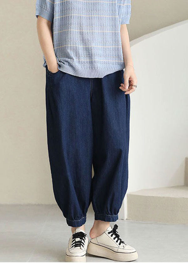 Navy Solid Elastic Waist drawstring Pockets Cotton Denim Beam Pants