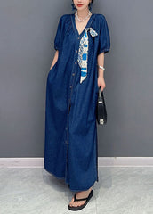 Navy V Neck Tie Waist Side Open Patchwork Denim Dress