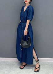 Navy V Neck Tie Waist Side Open Patchwork Denim Dress