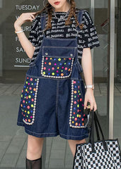 Navy Zircon Patchwork Denim Spaghetti Strap Jumpsuits Shorts