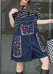 Navy Zircon Patchwork Denim Spaghetti Strap Jumpsuits Shorts