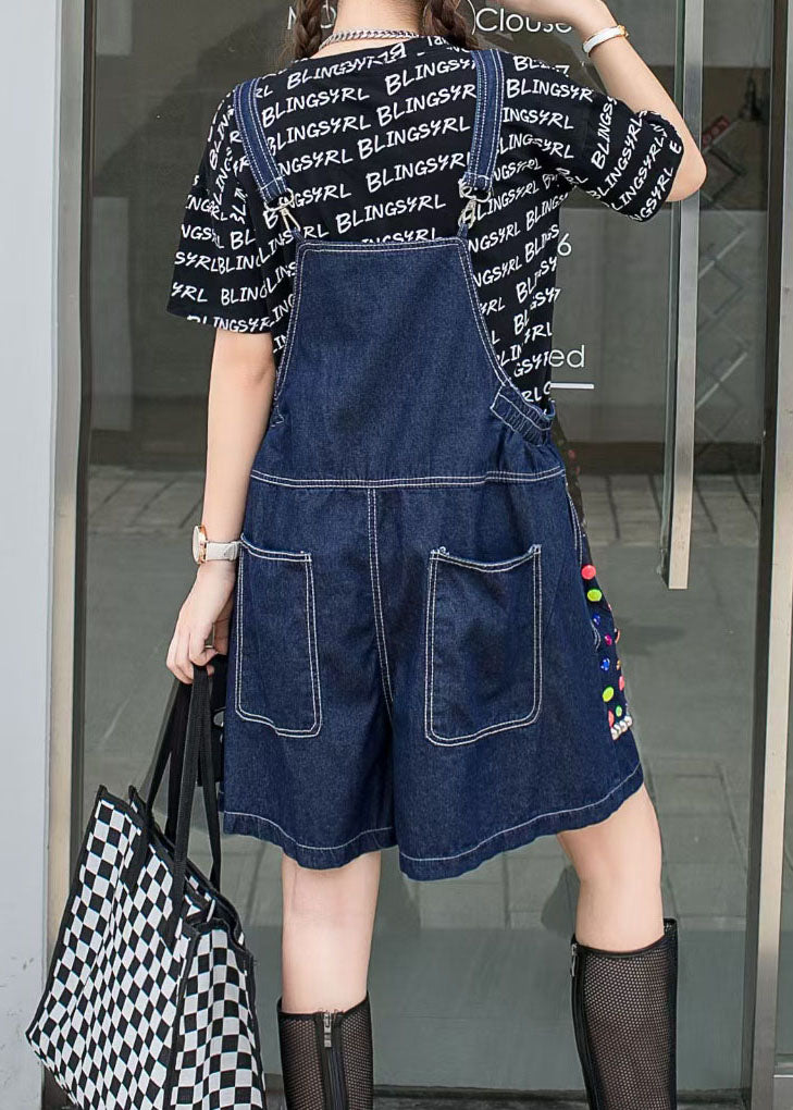 Navy Zircon Patchwork Denim Spaghetti Strap Jumpsuits Shorts