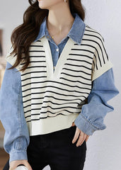 Peter Pan Collar Denim Patchwork False Two Pieces Knit Blouse Tops Fall