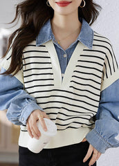 Peter Pan Collar Denim Patchwork False Two Pieces Knit Blouse Tops Fall