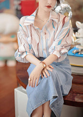 Pink Peter Pan Collar Striped Cotton Shirt And Denim Skirt Two Pieces Set Fall