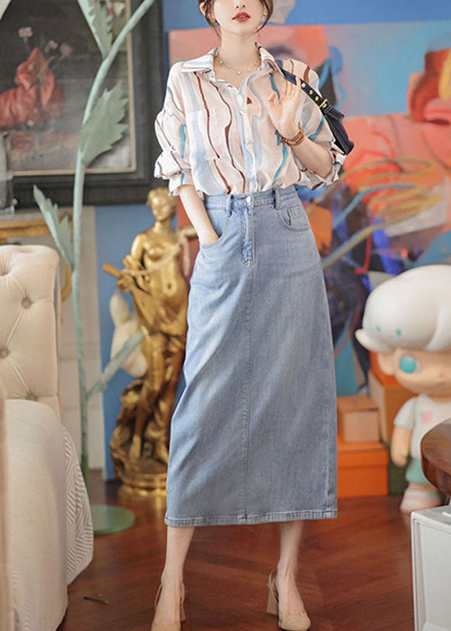 Pink Peter Pan Collar Striped Cotton Shirt And Denim Skirt Two Pieces Set Fall