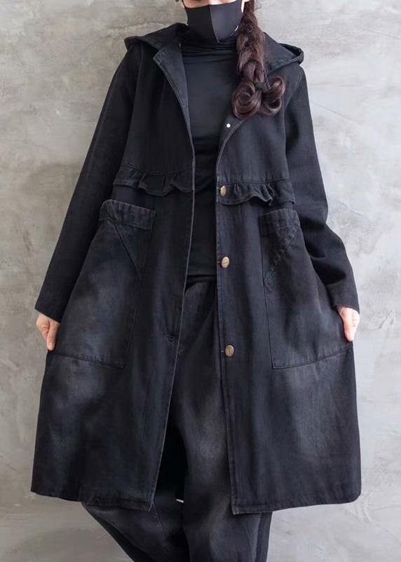 Plus Size Overcoat Denim Black Hooded Ruffles Outwear