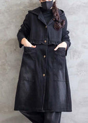 Plus Size Overcoat Denim Black Hooded Ruffles Outwear