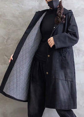 Plus Size Overcoat Denim Black Hooded Ruffles Outwear