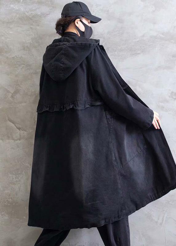 Plus Size Overcoat Denim Black Hooded Ruffles Outwear