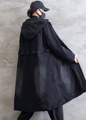 Plus Size Overcoat Denim Black Hooded Ruffles Outwear