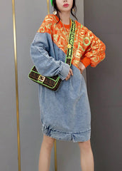 Red O-Neck print knit Patchwork denim Dresses