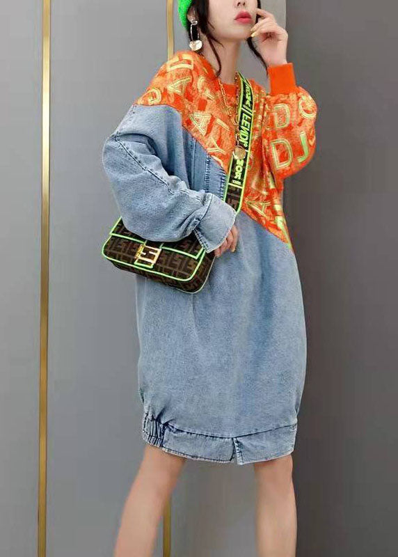 Red O-Neck print knit Patchwork denim Dresses