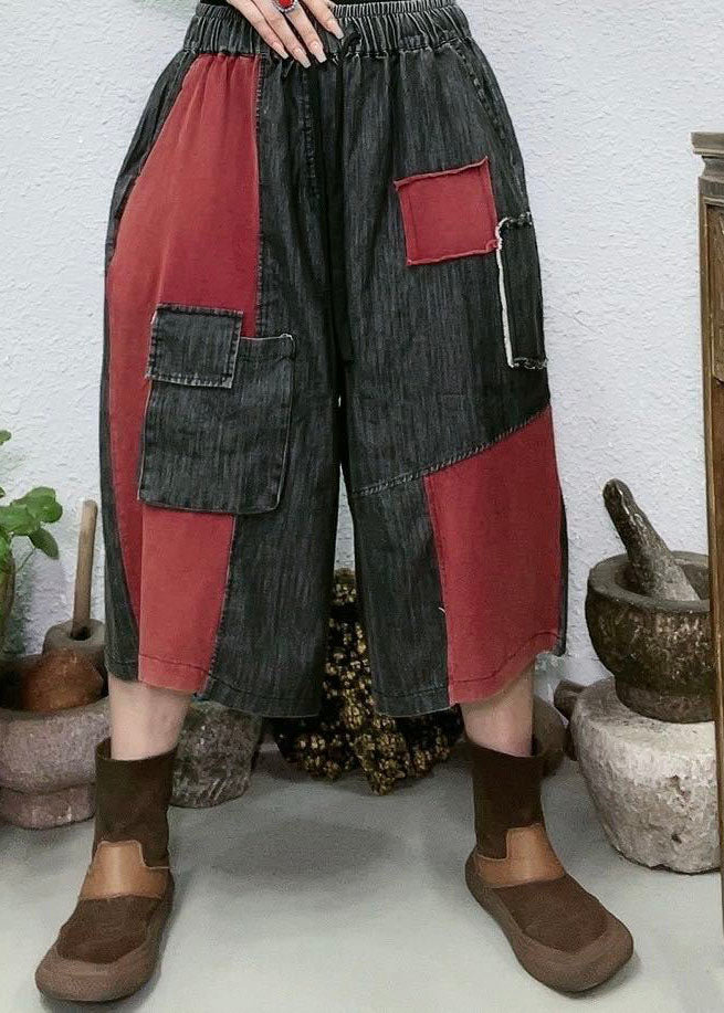 Red Pockets Patchwork Denim Wide Leg Pants