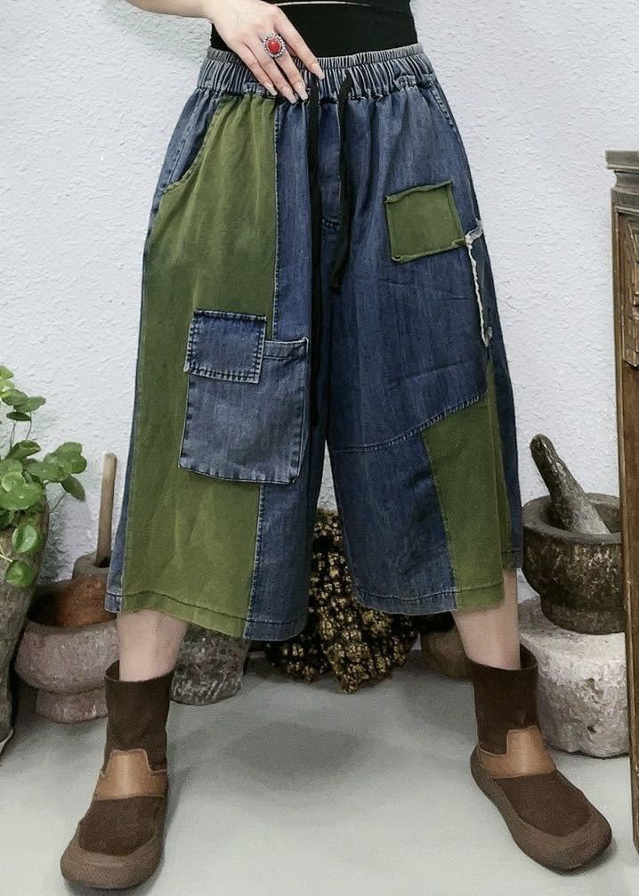 Red Pockets Patchwork Denim Wide Leg Pants