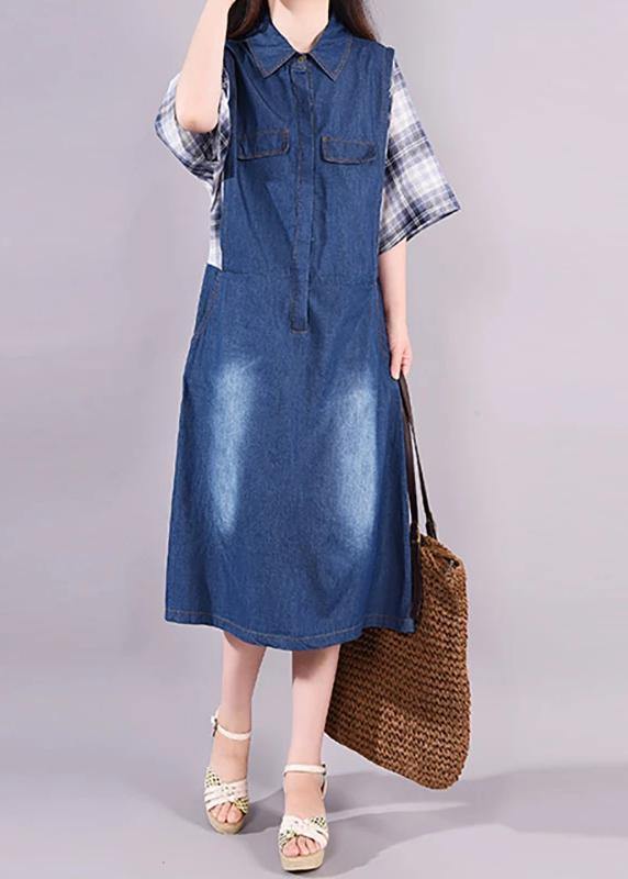 cotton quilting clothes Fine Plaid Spliced Denim Fake Two Piece Dress