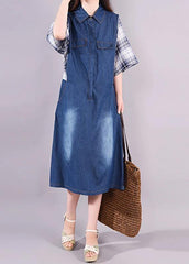 cotton quilting clothes Fine Plaid Spliced Denim Fake Two Piece Dress