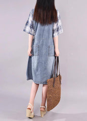 cotton quilting clothes Fine Plaid Spliced Denim Fake Two Piece Dress