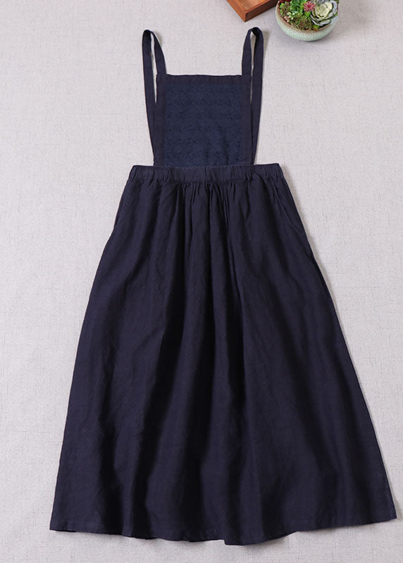 denim Blue Embroideried high waist Linen Dress Casual Outfits